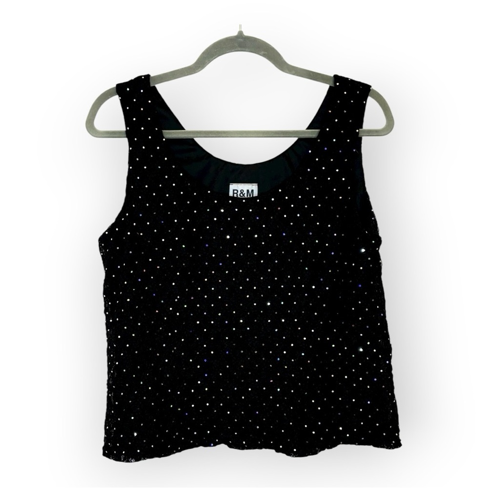 Vintage Y2K R&M Richards Black Sequin Tank Top Rainbow Sparkle Blouse Size 12
